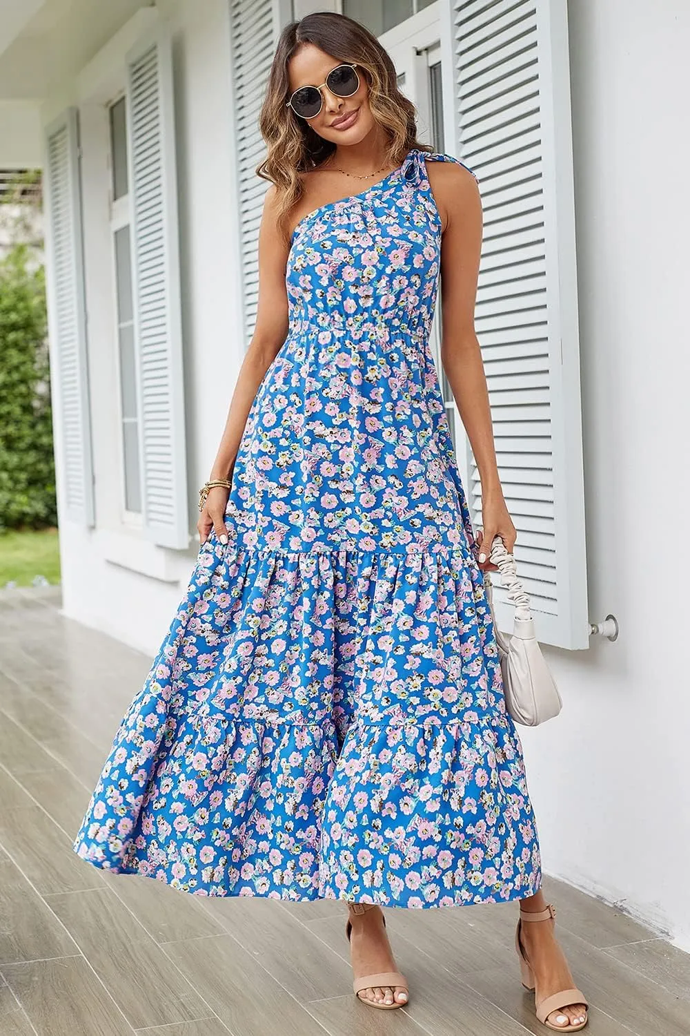 PRETTYGARDEN Women's Summer Floral One Shoulder Maxi Dress Knot Ruffle Boho Beach Vacation Wedding Guest Long Dresses