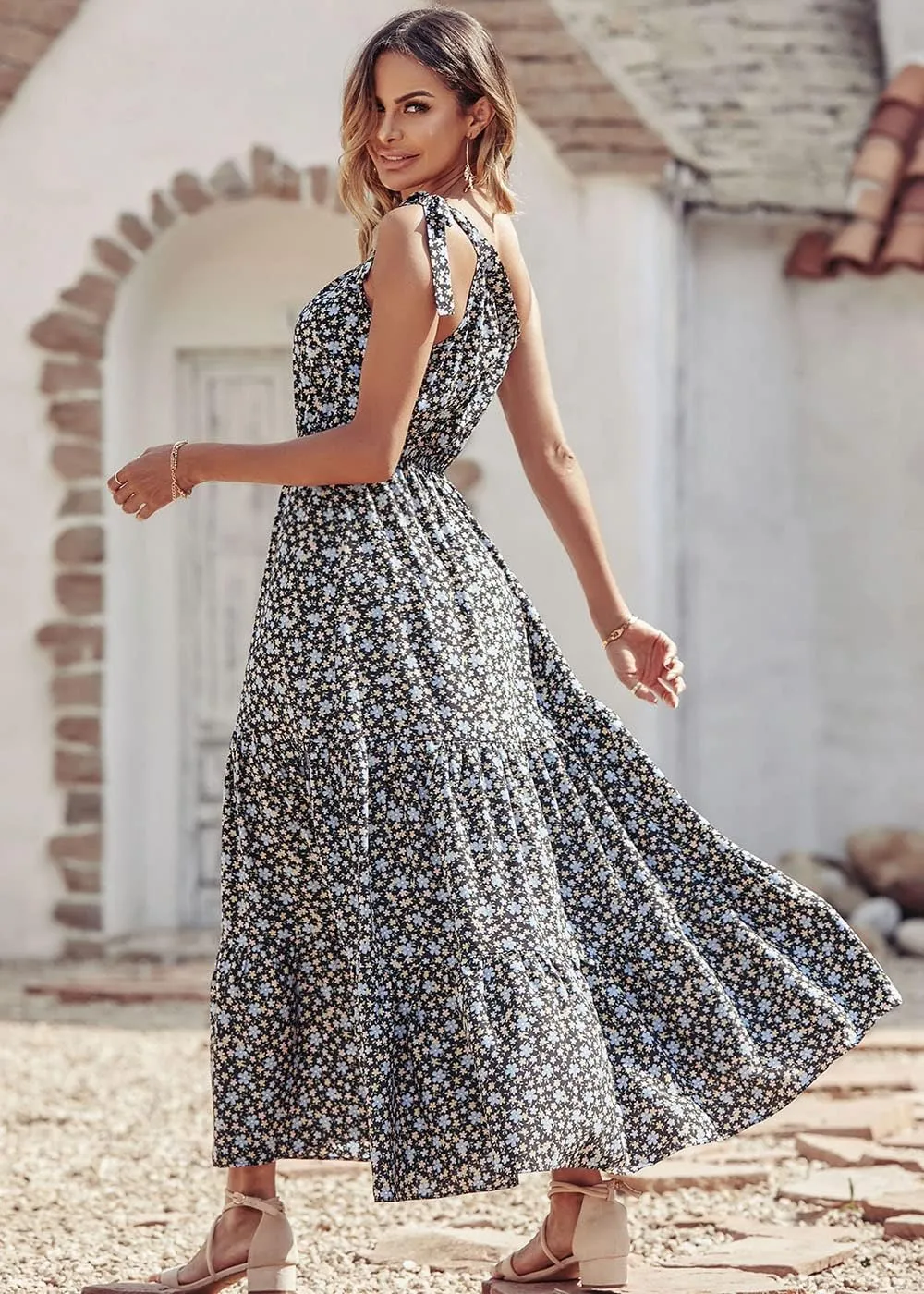 PRETTYGARDEN Women's Summer Floral One Shoulder Maxi Dress Knot Ruffle Boho Beach Vacation Wedding Guest Long Dresses