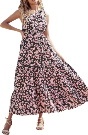 PRETTYGARDEN Women's Summer Floral One Shoulder Maxi Dress Knot Ruffle Boho Beach Vacation Wedding Guest Long Dresses