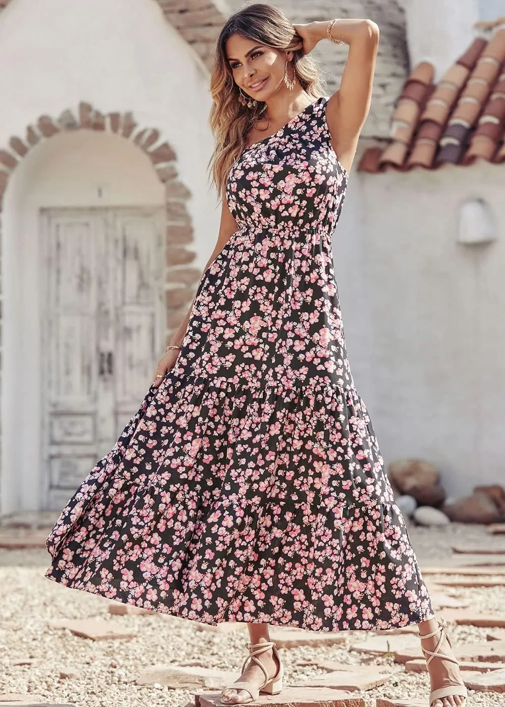 PRETTYGARDEN Women's Summer Floral One Shoulder Maxi Dress Knot Ruffle Boho Beach Vacation Wedding Guest Long Dresses