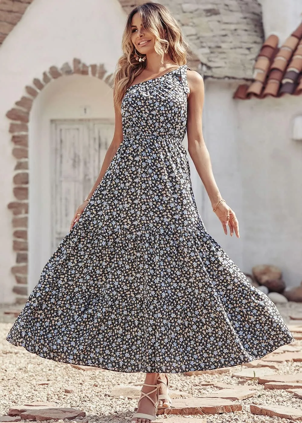PRETTYGARDEN Women's Summer Floral One Shoulder Maxi Dress Knot Ruffle Boho Beach Vacation Wedding Guest Long Dresses