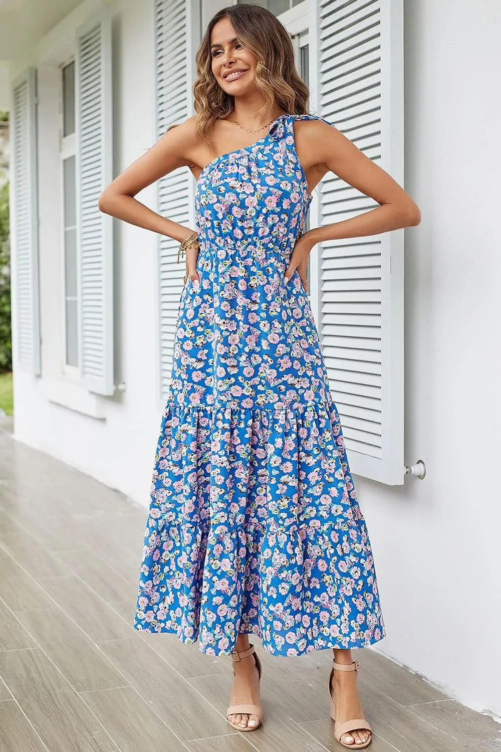 PRETTYGARDEN Women's Summer Floral One Shoulder Maxi Dress Knot Ruffle Boho Beach Vacation Wedding Guest Long Dresses