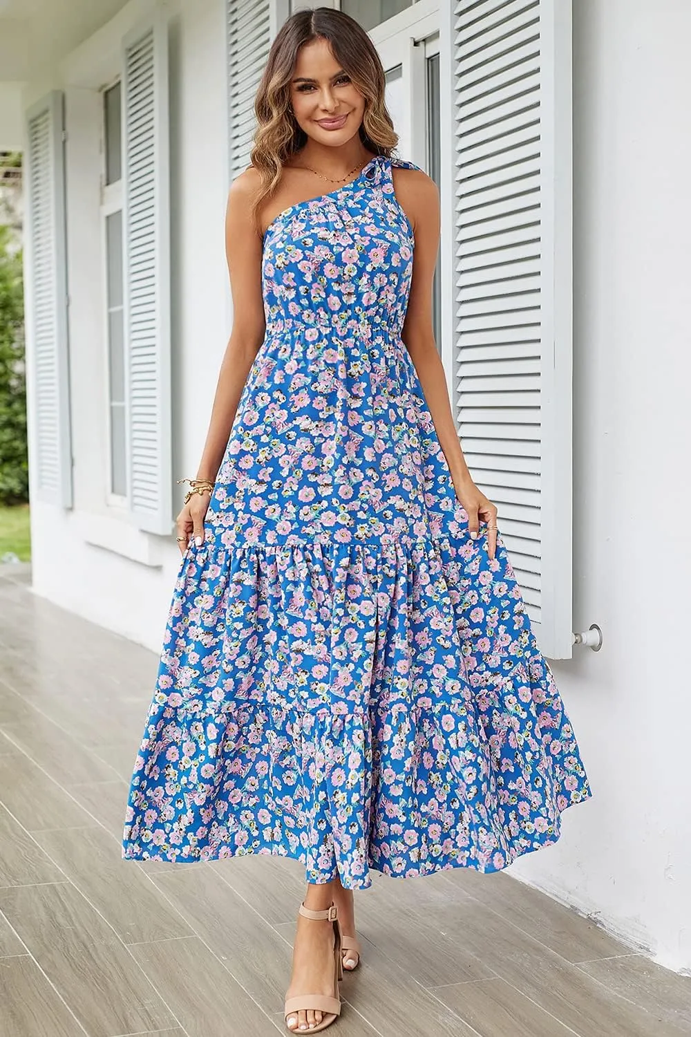 PRETTYGARDEN Women's Summer Floral One Shoulder Maxi Dress Knot Ruffle Boho Beach Vacation Wedding Guest Long Dresses