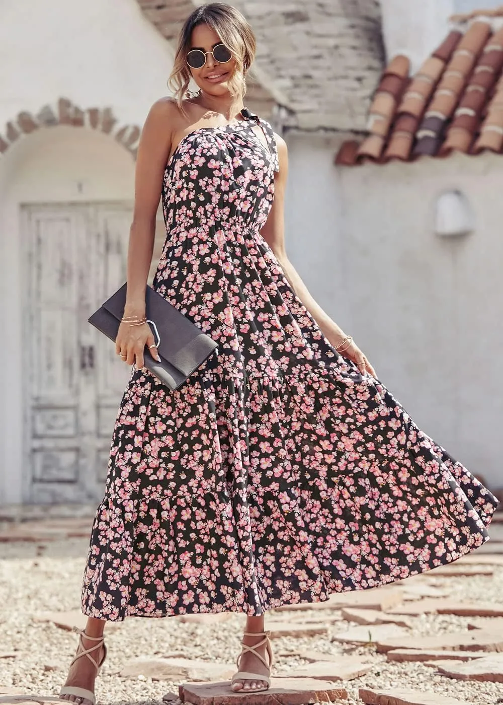 PRETTYGARDEN Women's Summer Floral One Shoulder Maxi Dress Knot Ruffle Boho Beach Vacation Wedding Guest Long Dresses