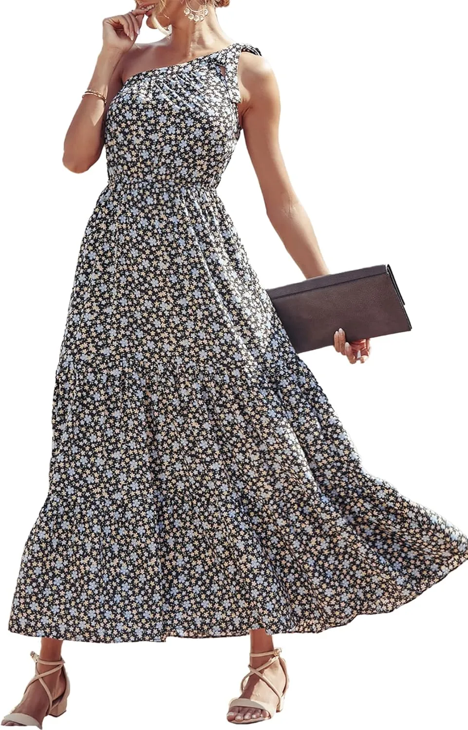 PRETTYGARDEN Women's Summer Floral One Shoulder Maxi Dress Knot Ruffle Boho Beach Vacation Wedding Guest Long Dresses