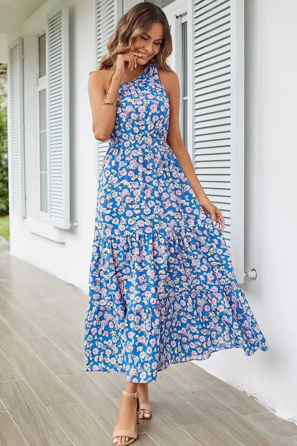PRETTYGARDEN Women's Summer Floral One Shoulder Maxi Dress Knot Ruffle Boho Beach Vacation Wedding Guest Long Dresses