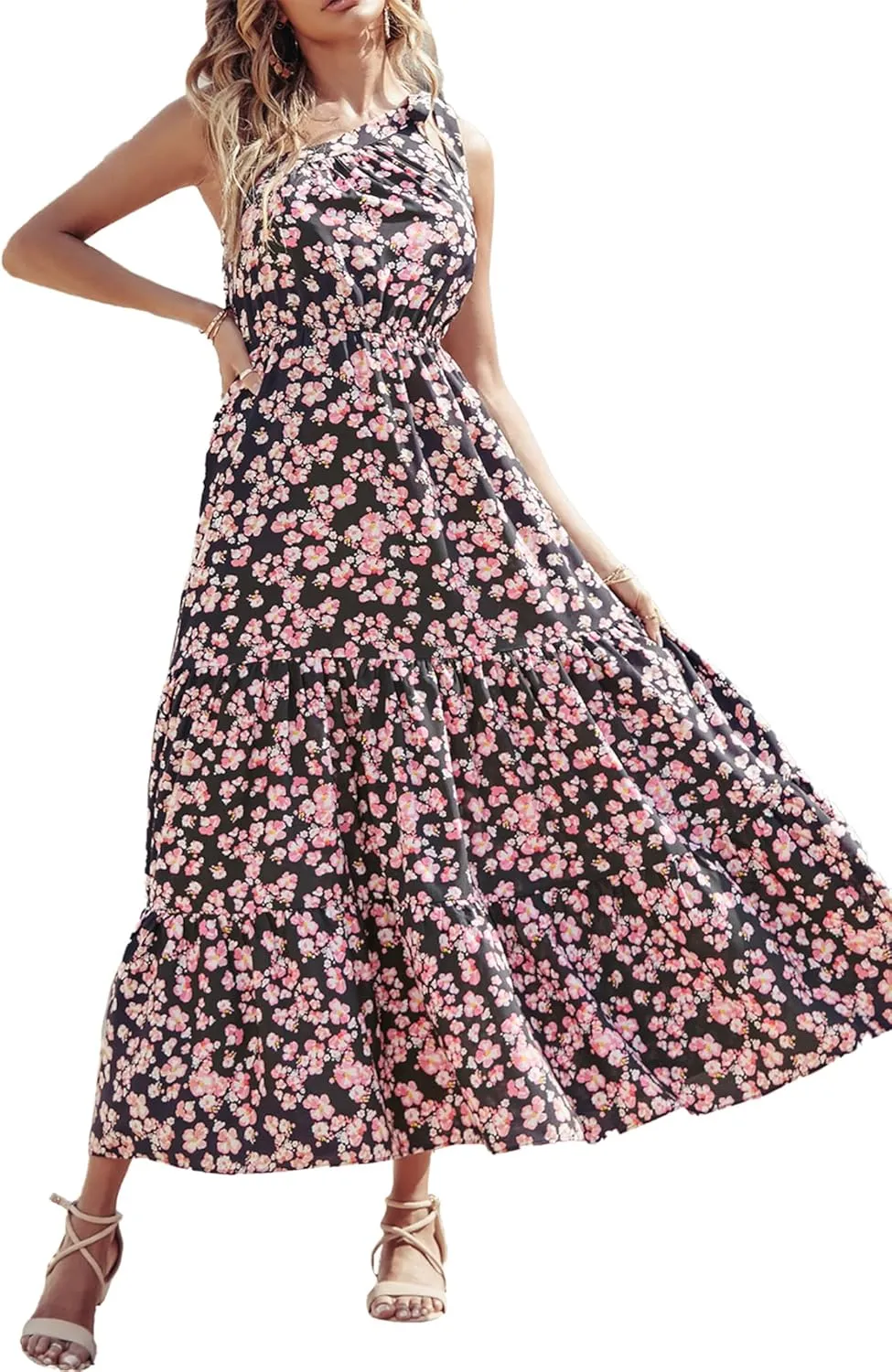 PRETTYGARDEN Women's Summer Floral One Shoulder Maxi Dress Knot Ruffle Boho Beach Vacation Wedding Guest Long Dresses