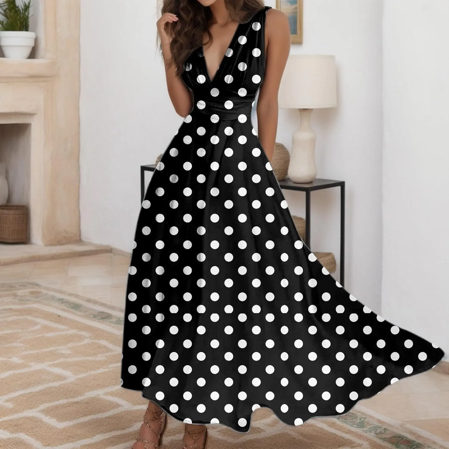 PTOLOCIF Sundresses for Women 2025 Sleeveless Spaghetti Strap Long Dresses Scoop Neck Smocked Ruffle Flowy Boho Maxi Dress