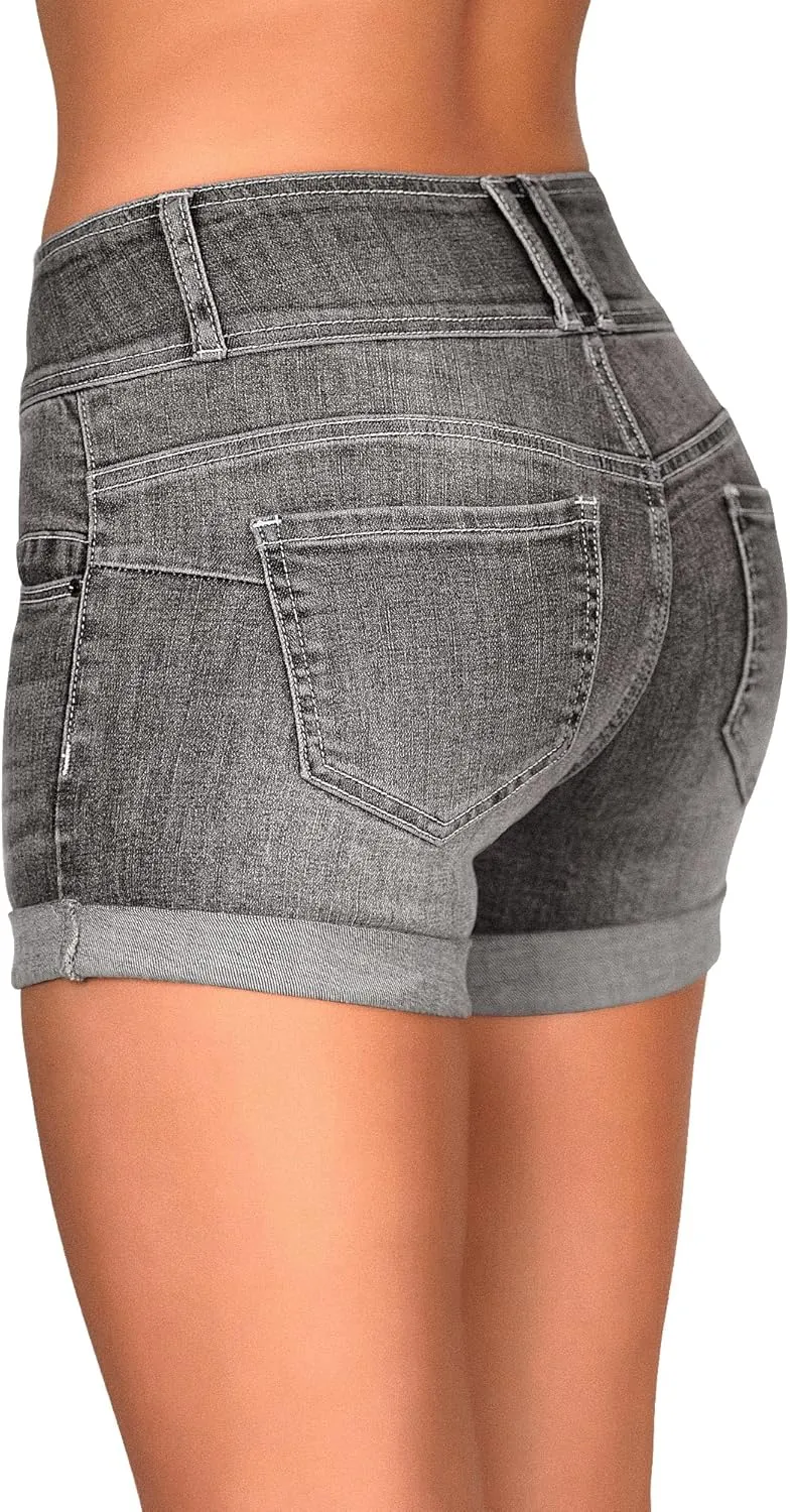 roswear Women's High Waisted Stretchy Denim Shorts Cuffed Jean Shorts