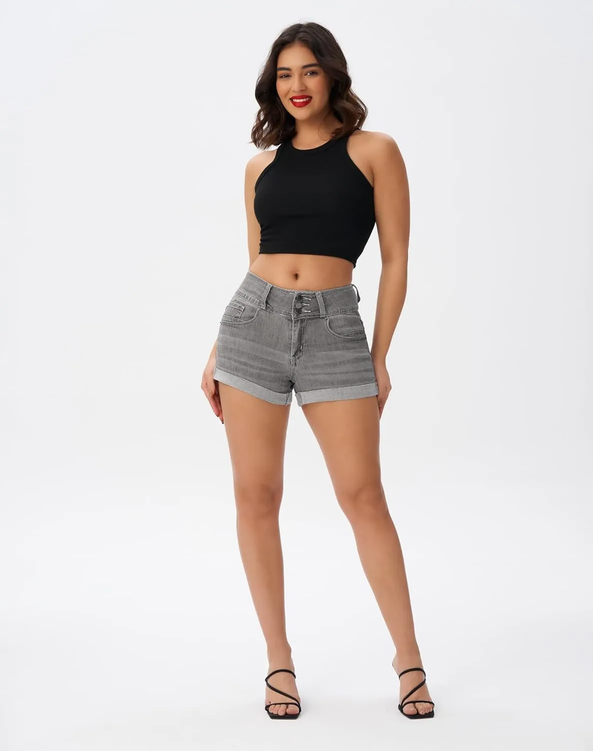 roswear Women's High Waisted Stretchy Denim Shorts Cuffed Jean Shorts