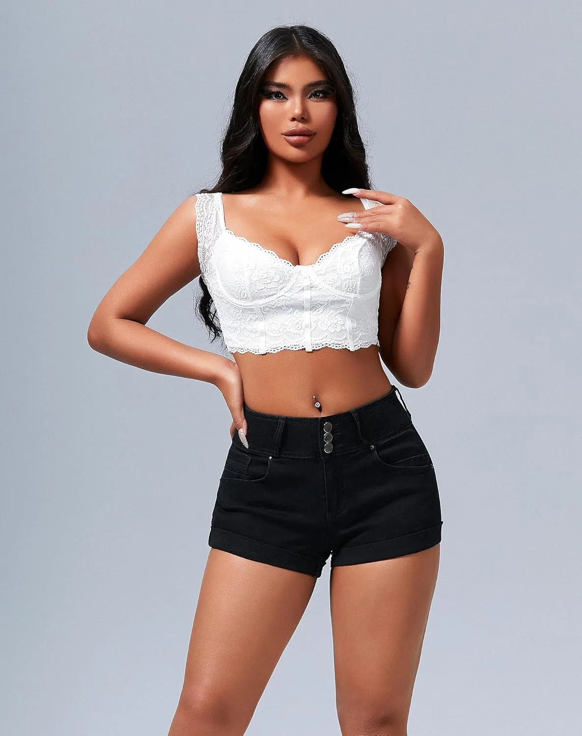roswear Women's High Waisted Stretchy Denim Shorts Cuffed Jean Shorts