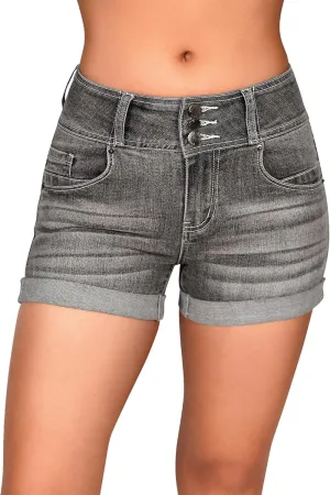 roswear Women's High Waisted Stretchy Denim Shorts Cuffed Jean Shorts