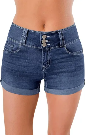 roswear Women's High Waisted Stretchy Denim Shorts Cuffed Jean Shorts