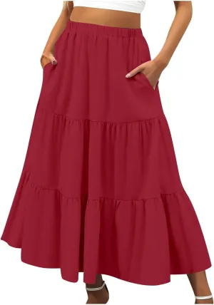 Ruffle Midi Skirts for Women with Pockets Elastic High Waisted Solid Color Swing A Line Beach Skirt