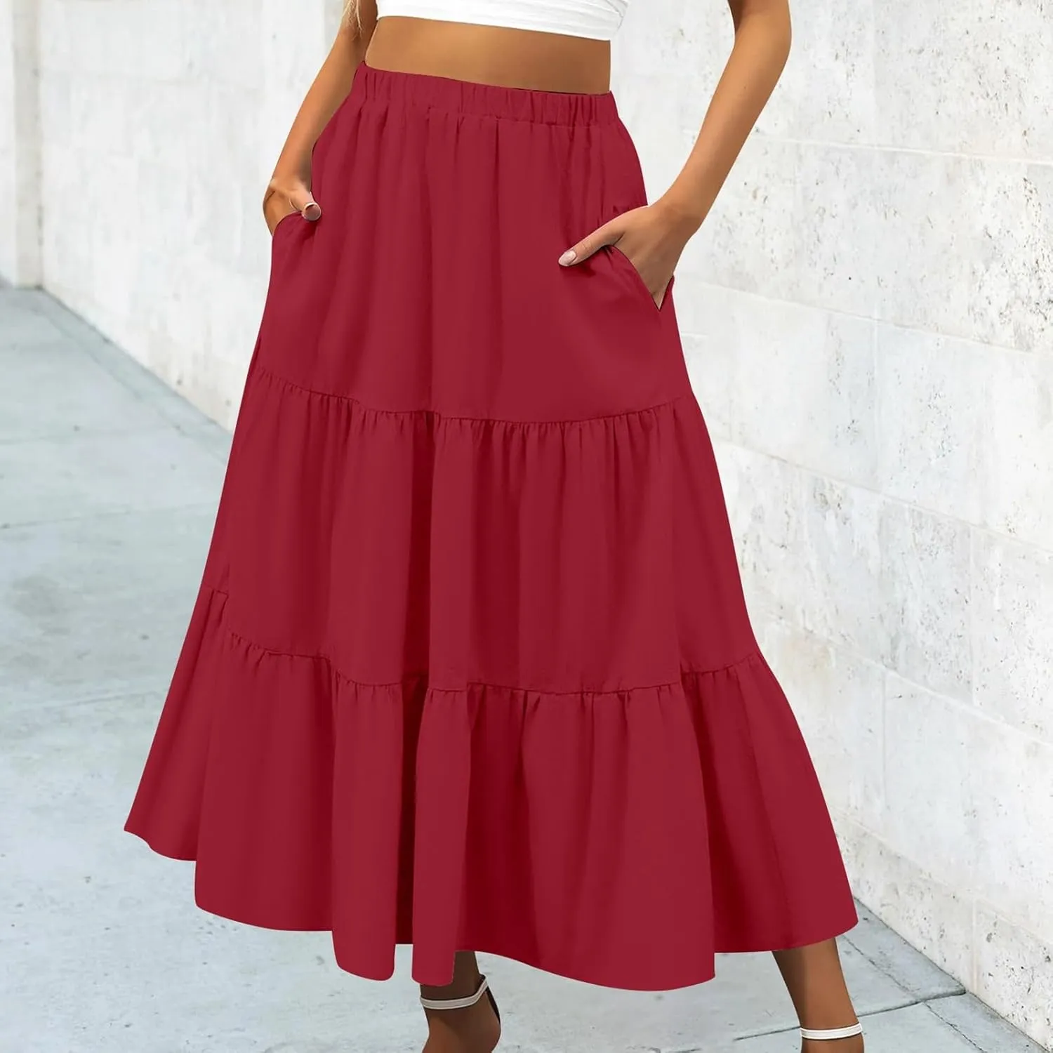 Ruffle Midi Skirts for Women with Pockets Elastic High Waisted Solid Color Swing A Line Beach Skirt