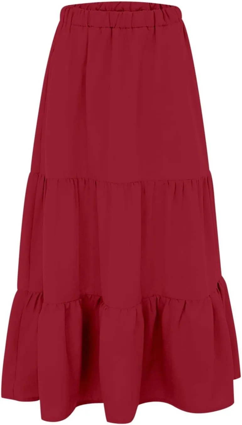 Ruffle Midi Skirts for Women with Pockets Elastic High Waisted Solid Color Swing A Line Beach Skirt
