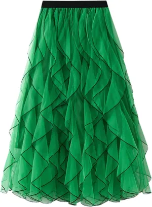 Ruffle Skirts for Women 2025 Summer Elastic Waisted Patchwork Swing A-Line Tiered Tulle Skirt