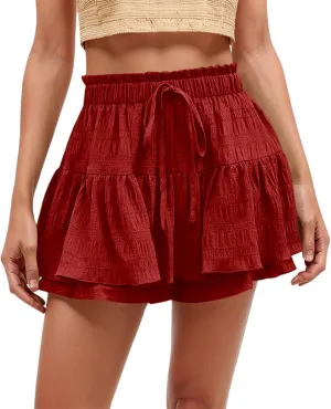Ruffled Ruched Skorts for Women High Waisted Tiered Mini Skort 2025 Summer Boho Casual Beach Comfy Shorts Skirt