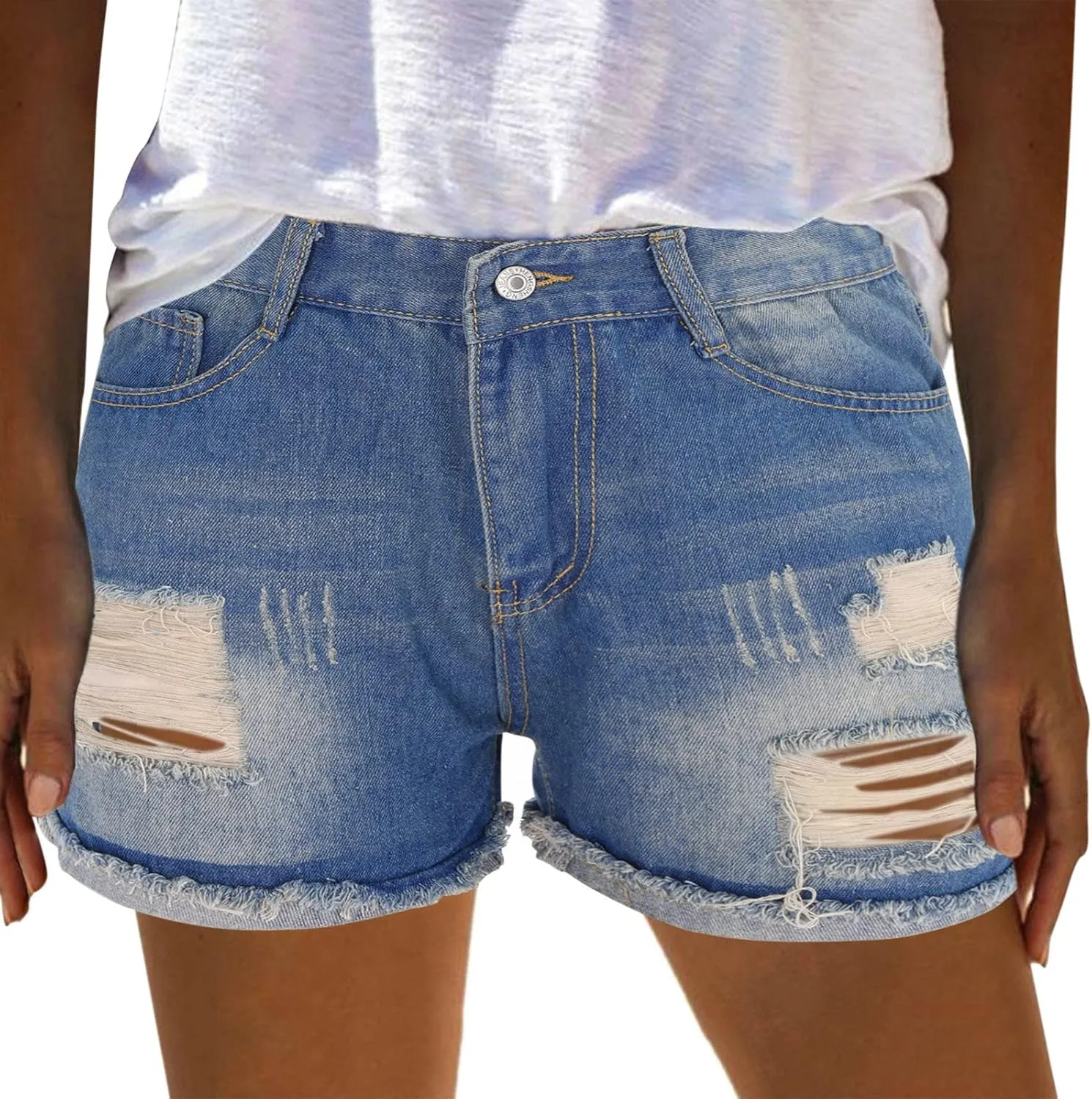 Rvidbe Jean Shorts Plus Size Women Mid Rise Ripped Stretchy Jeans Shorts Frayed Raw Hem Casual Denim Shorts Denim Shorts Women High Waisted