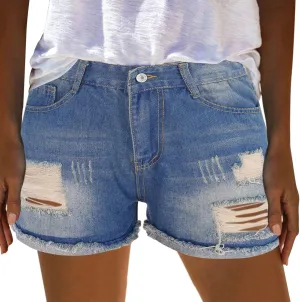 Rvidbe Jean Shorts Plus Size Women Mid Rise Ripped Stretchy Jeans Shorts Frayed Raw Hem Casual Denim Shorts Denim Shorts Women High Waisted