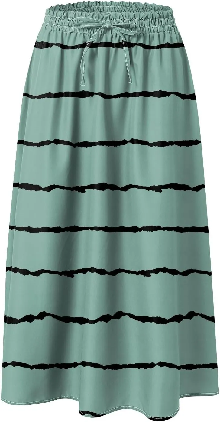 Rvidbe Skirts for Women Midi Length Summer Pleated High Waisted Casual Below Knee Skirts with Pockets Vacation A-Line Skirts