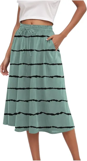 Rvidbe Skirts for Women Midi Length Summer Pleated High Waisted Casual Below Knee Skirts with Pockets Vacation A-Line Skirts