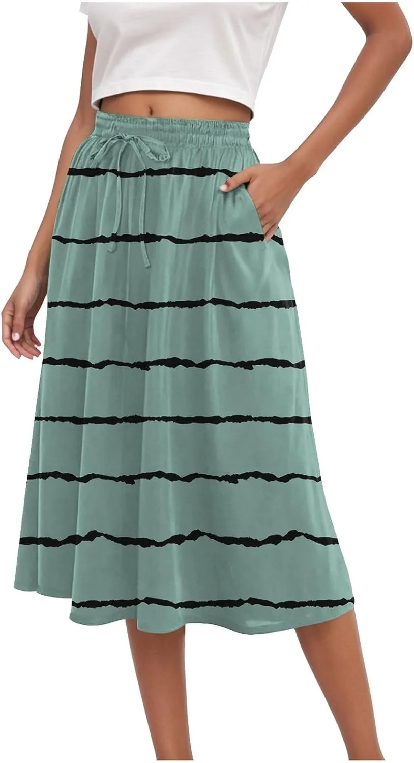 Rvidbe Skirts for Women Midi Length Summer Pleated High Waisted Casual Below Knee Skirts with Pockets Vacation A-Line Skirts