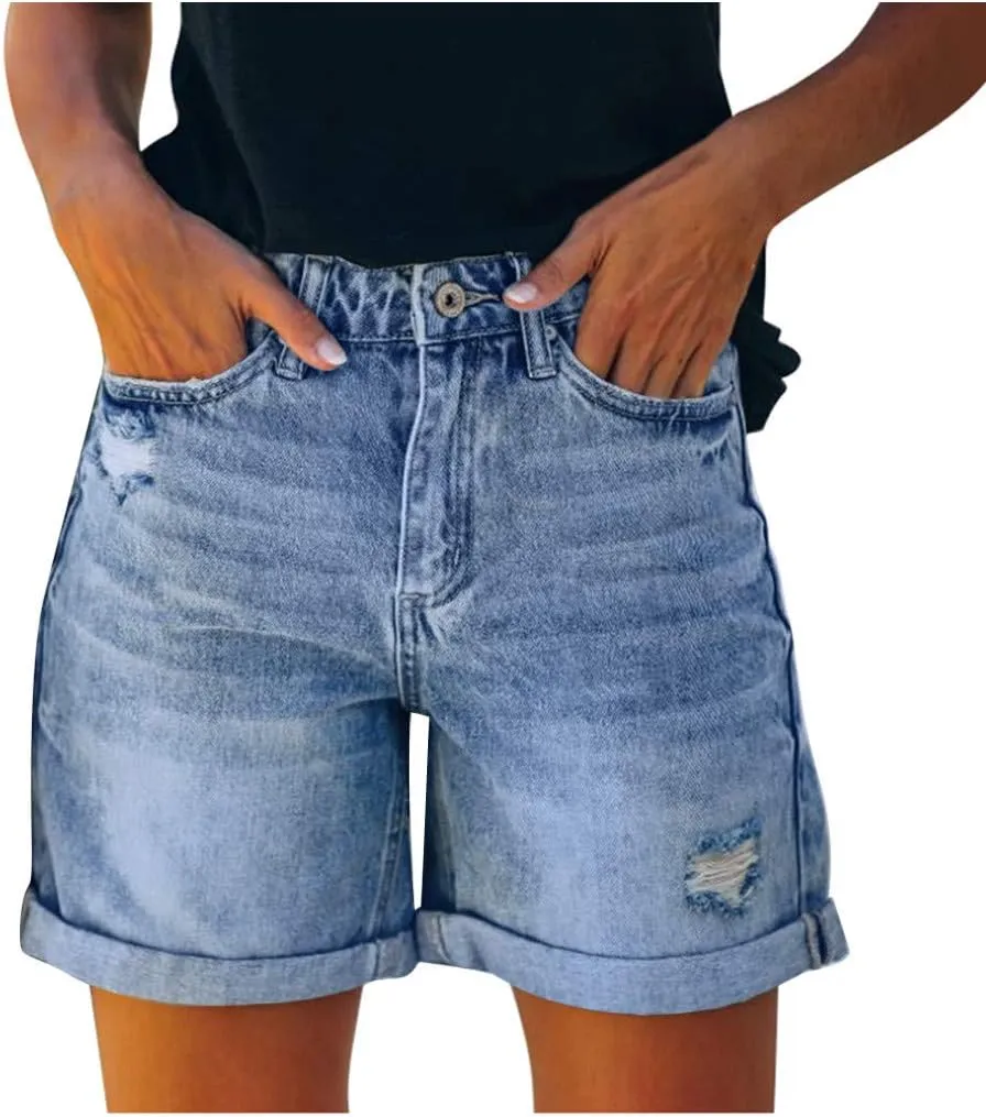 Rvidbe Womens Jean Shorts Juniors Casual Summer Mid Waisted Stretchy Rolled Hem Tassels Denim Shorts with Pockets Denim Shorts Women High Waisted Jean Shorts Women