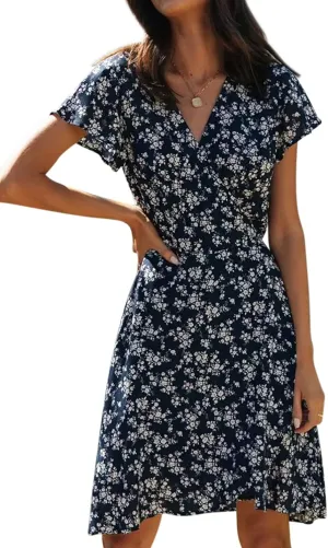 R.Vivimos Women Summer Cotton Short Sleeves V Neck Casual Wrap Mini Dresses