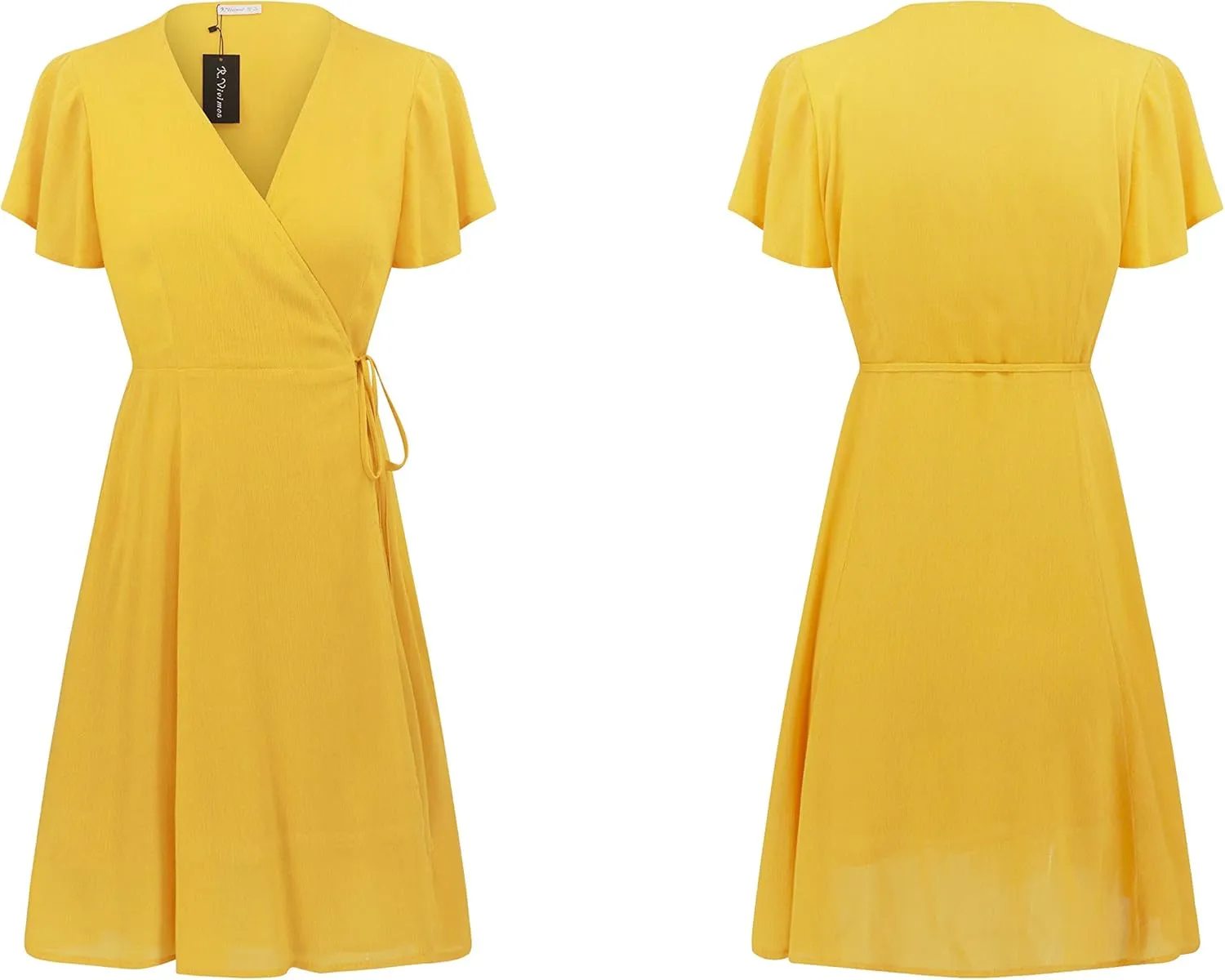 R.Vivimos Women Summer Cotton Short Sleeves V Neck Casual Wrap Mini Dresses