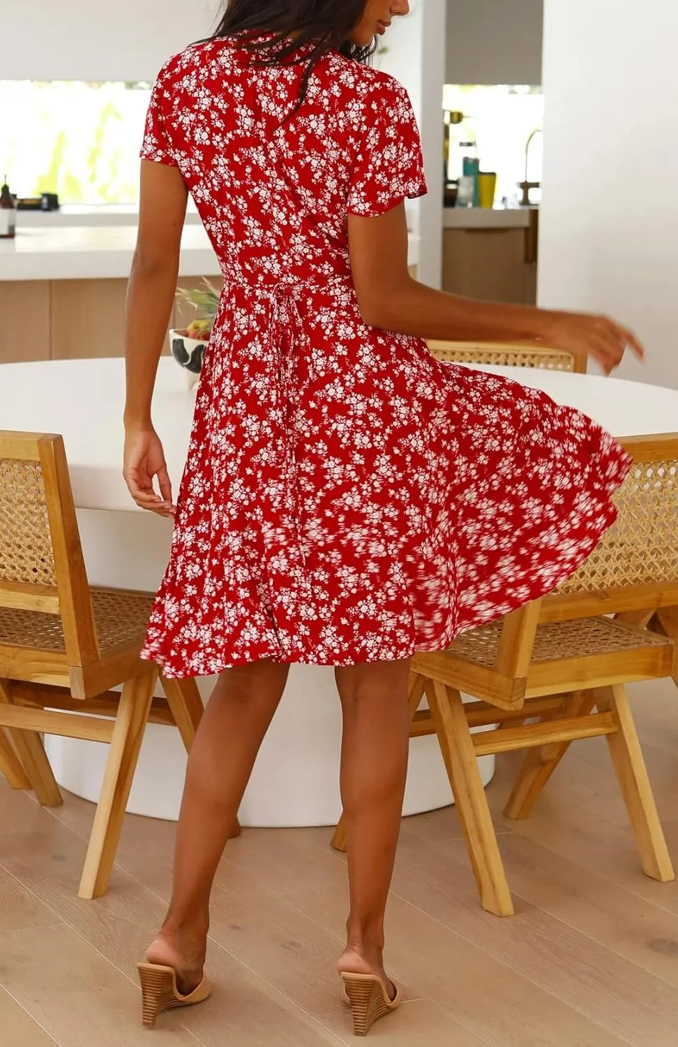 R.Vivimos Women Summer Cotton Short Sleeves V Neck Casual Wrap Mini Dresses