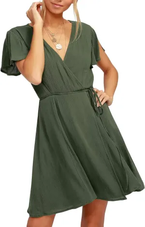 R.Vivimos Women Summer Cotton Short Sleeves V Neck Casual Wrap Mini Dresses