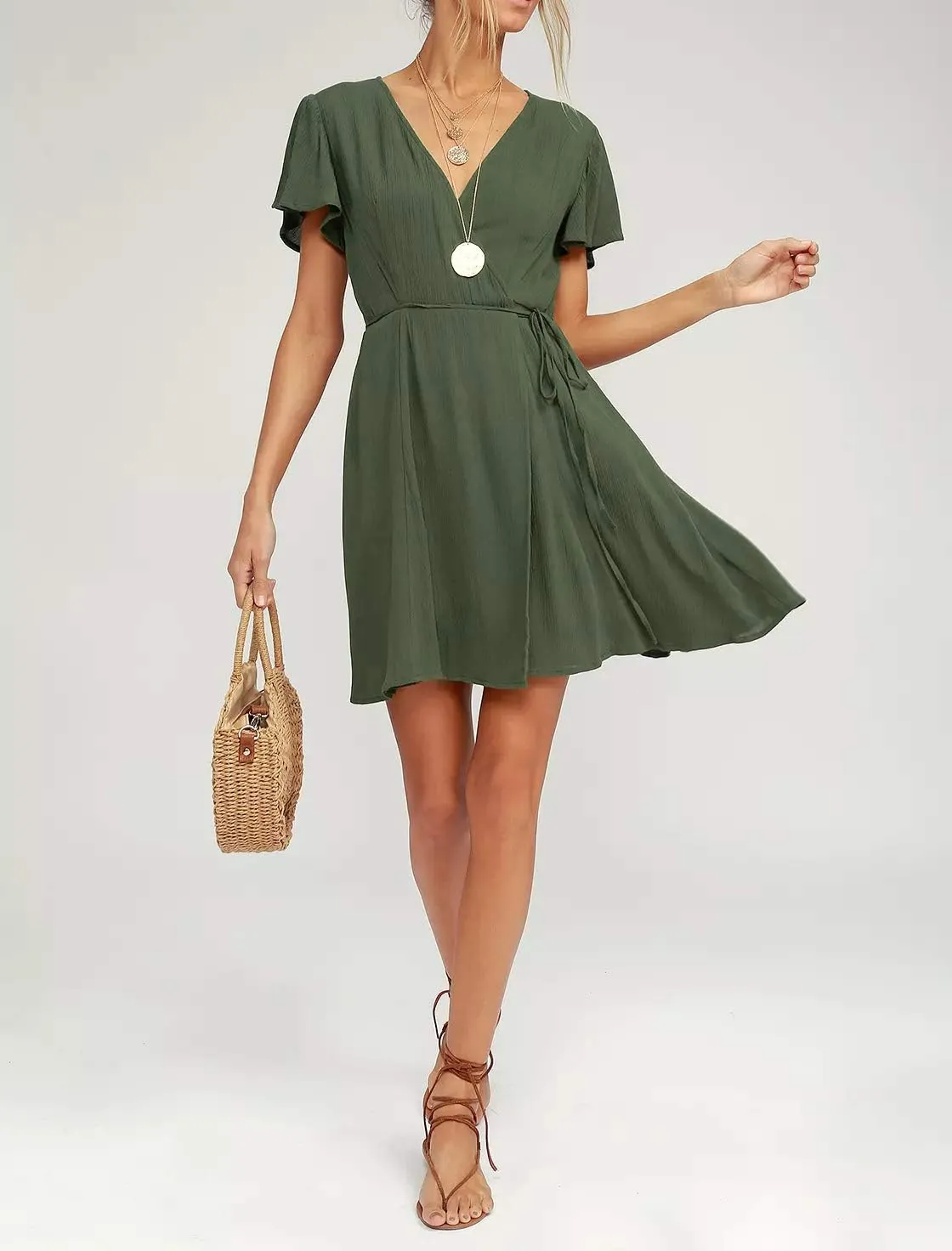 R.Vivimos Women Summer Cotton Short Sleeves V Neck Casual Wrap Mini Dresses