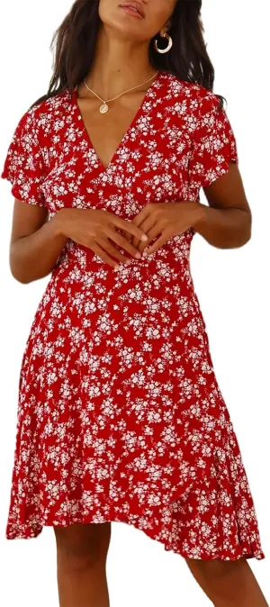 R.Vivimos Women Summer Cotton Short Sleeves V Neck Casual Wrap Mini Dresses