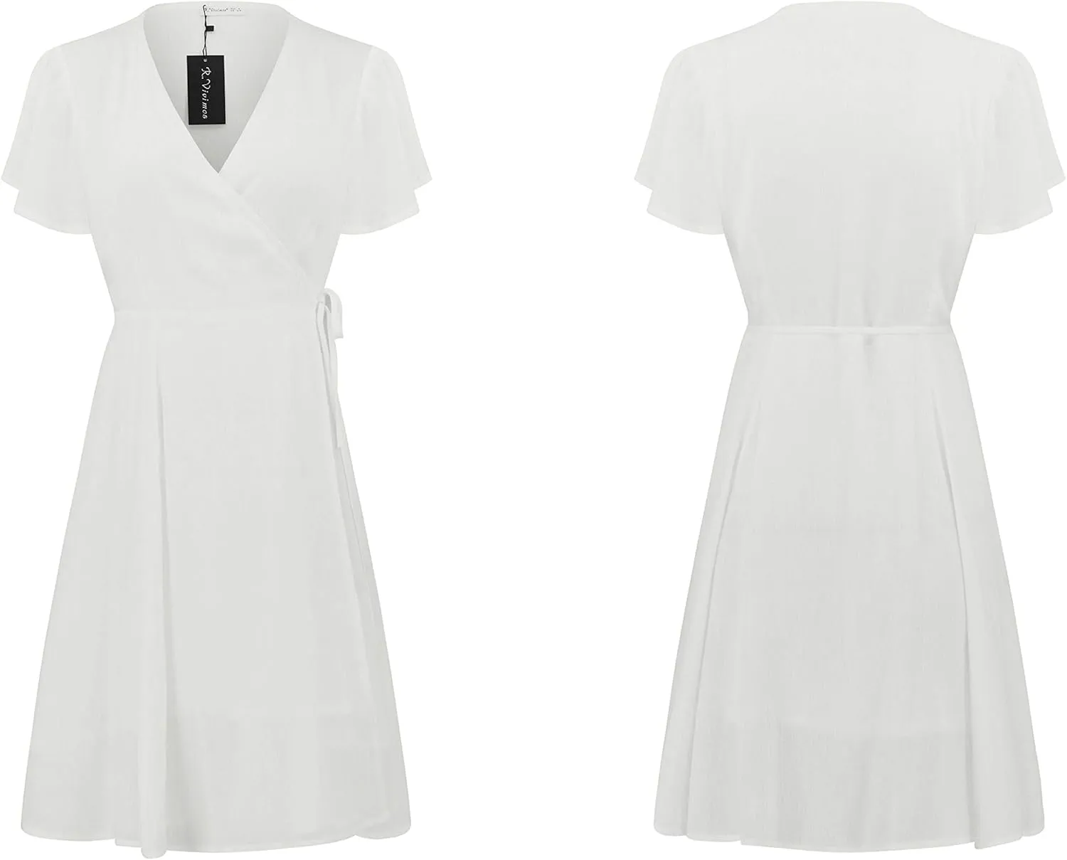R.Vivimos Women Summer Cotton Short Sleeves V Neck Casual Wrap Mini Dresses