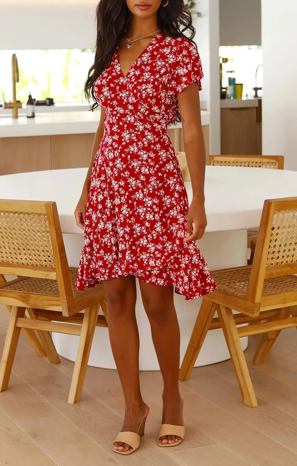 R.Vivimos Women Summer Cotton Short Sleeves V Neck Casual Wrap Mini Dresses