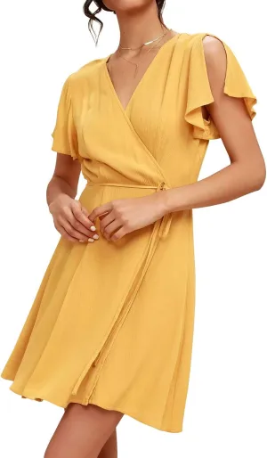 R.Vivimos Women Summer Cotton Short Sleeves V Neck Casual Wrap Mini Dresses