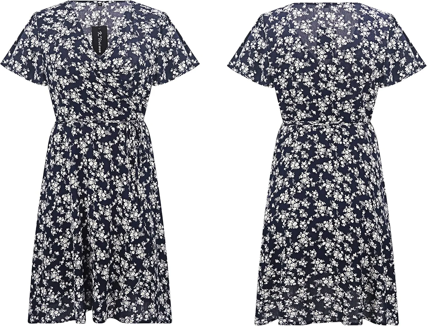 R.Vivimos Women Summer Cotton Short Sleeves V Neck Casual Wrap Mini Dresses
