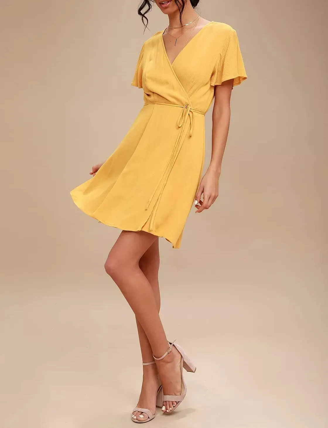 R.Vivimos Women Summer Cotton Short Sleeves V Neck Casual Wrap Mini Dresses