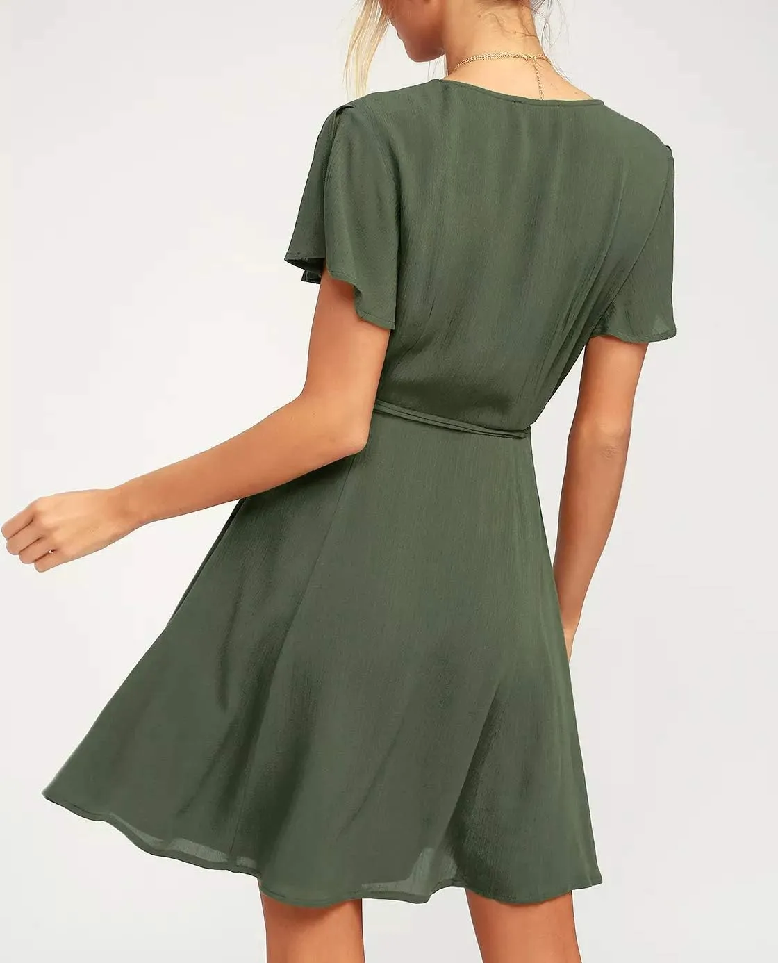 R.Vivimos Women Summer Cotton Short Sleeves V Neck Casual Wrap Mini Dresses