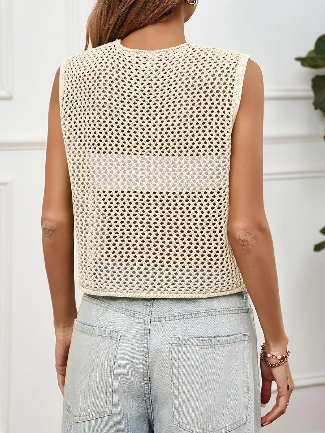 Saodimallsu Womens Crochet Sweater Vest Button Down Sleeveless Crew Neck Boho Knit Crop Tank Tops Summer Cardigans