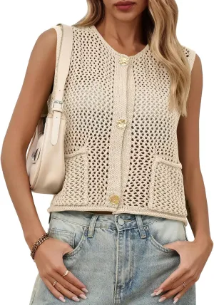 Saodimallsu Womens Crochet Sweater Vest Button Down Sleeveless Crew Neck Boho Knit Crop Tank Tops Summer Cardigans