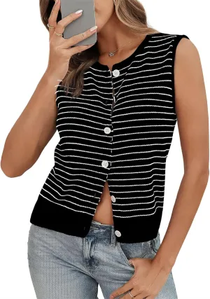 Saodimallsu Womens Cropped Sleeveless Sweater Vest Striped Knit Summer Tops Button Down Going Out Y2k Tank Top