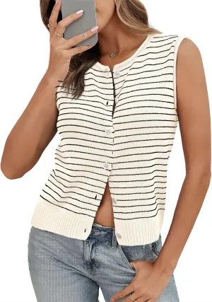 Saodimallsu Womens Cropped Sleeveless Sweater Vest Striped Knit Summer Tops Button Down Going Out Y2k Tank Top
