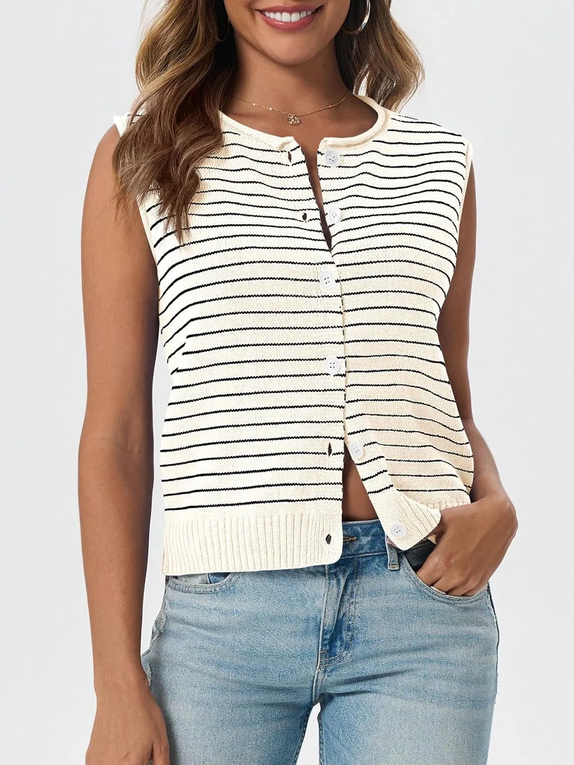 Saodimallsu Womens Cropped Sleeveless Sweater Vest Striped Knit Summer Tops Button Down Going Out Y2k Tank Top
