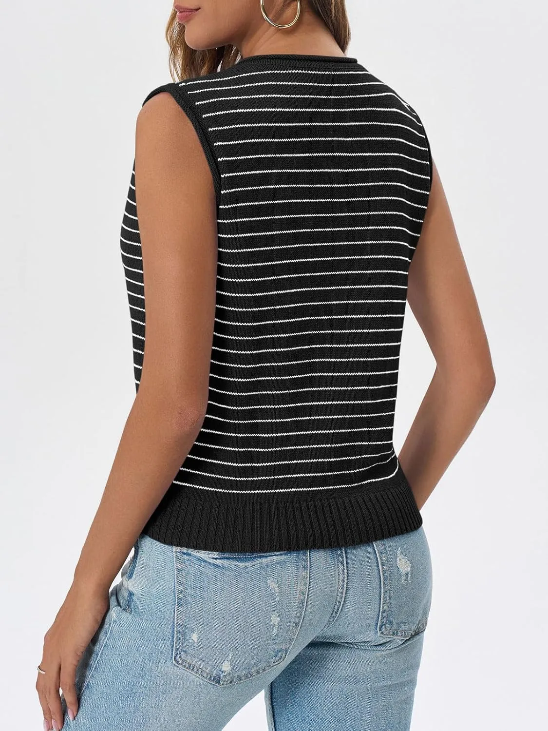 Saodimallsu Womens Cropped Sleeveless Sweater Vest Striped Knit Summer Tops Button Down Going Out Y2k Tank Top