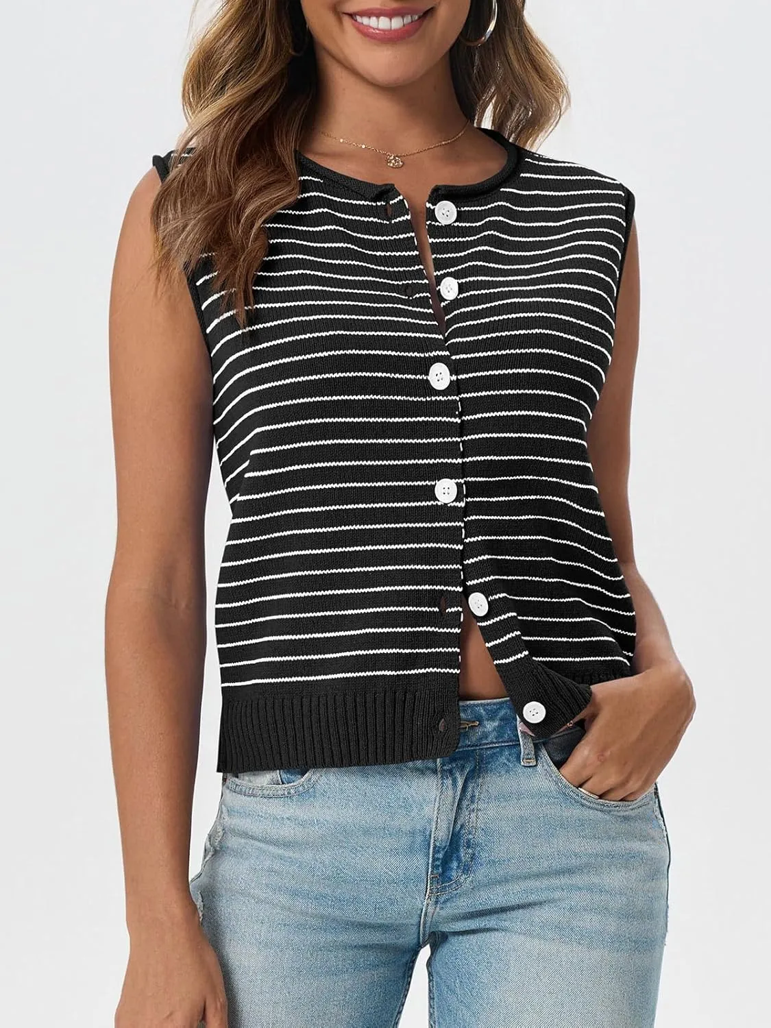 Saodimallsu Womens Cropped Sleeveless Sweater Vest Striped Knit Summer Tops Button Down Going Out Y2k Tank Top