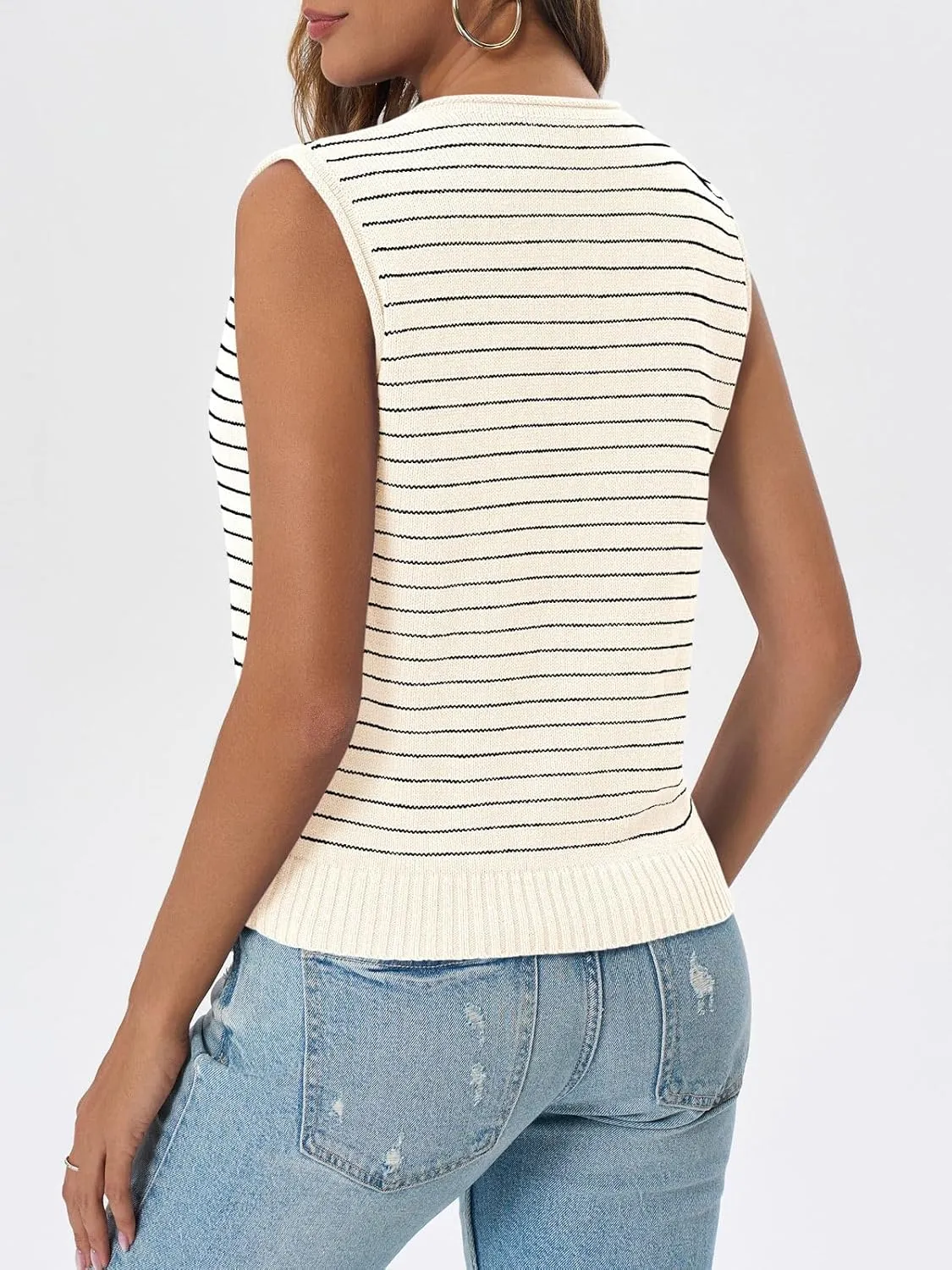 Saodimallsu Womens Cropped Sleeveless Sweater Vest Striped Knit Summer Tops Button Down Going Out Y2k Tank Top