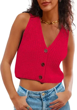 Saodimallsu Womens Cropped Sweater Vest V Neck Button Down Y2k Crop Knit Summer Trendy Sleeveless Chunky Tank Tops