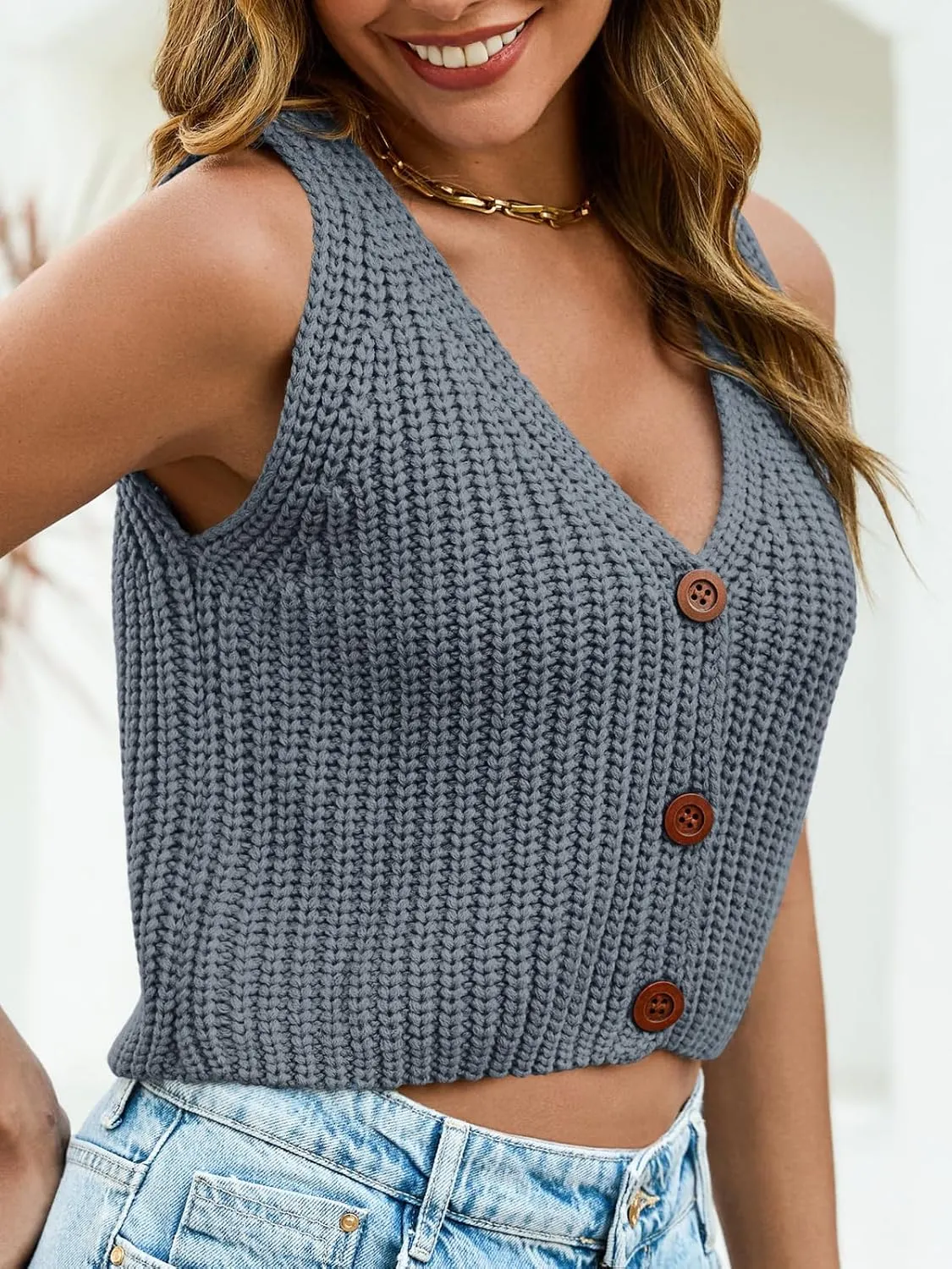 Saodimallsu Womens Cropped Sweater Vest V Neck Button Down Y2k Crop Knit Summer Trendy Sleeveless Chunky Tank Tops